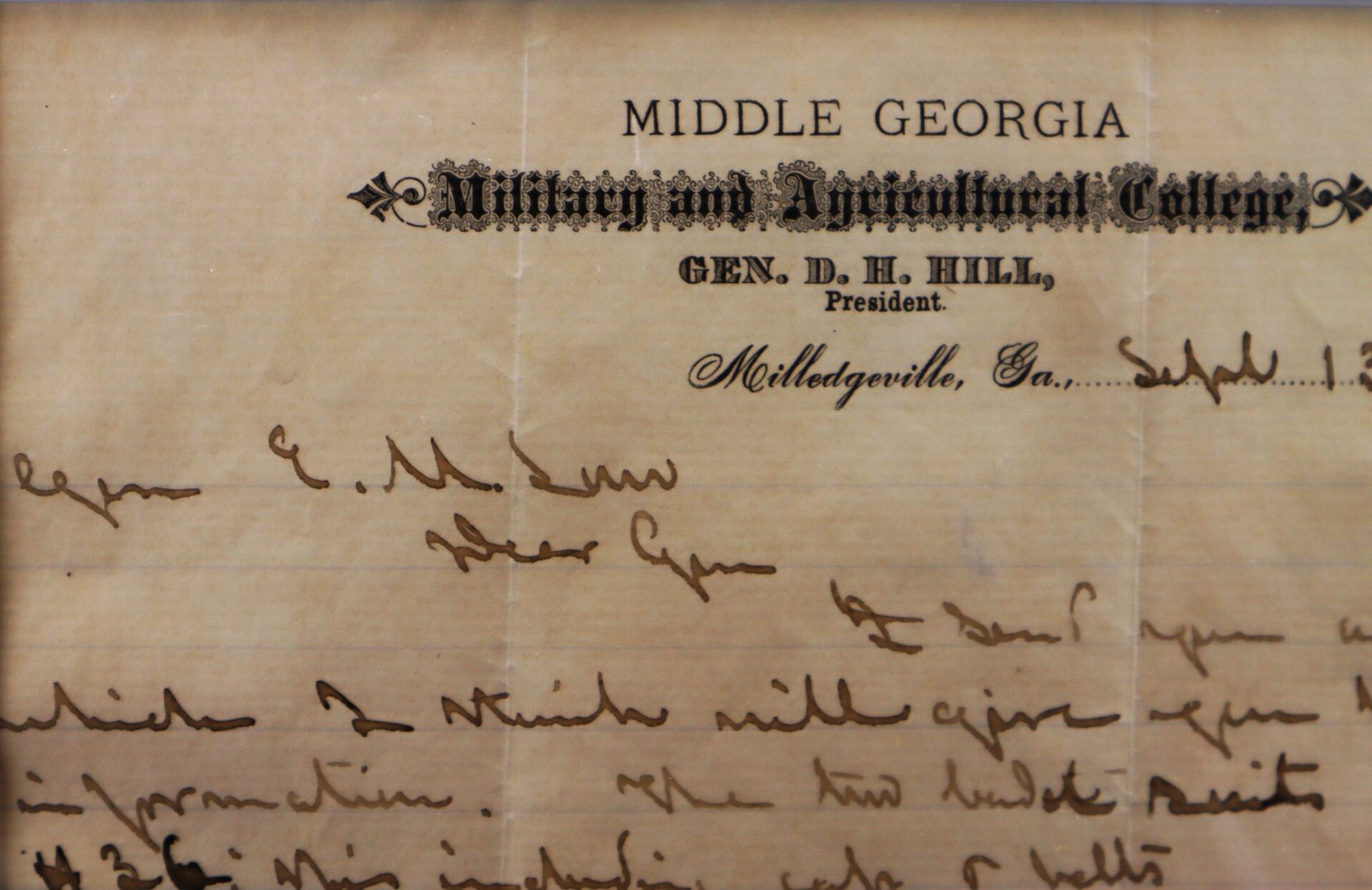 A handwritten letter on official stationery from Middle Georgia Military and Agricultural College, Milledgeville, GA, addressed to Confederate General D. H. Hill.