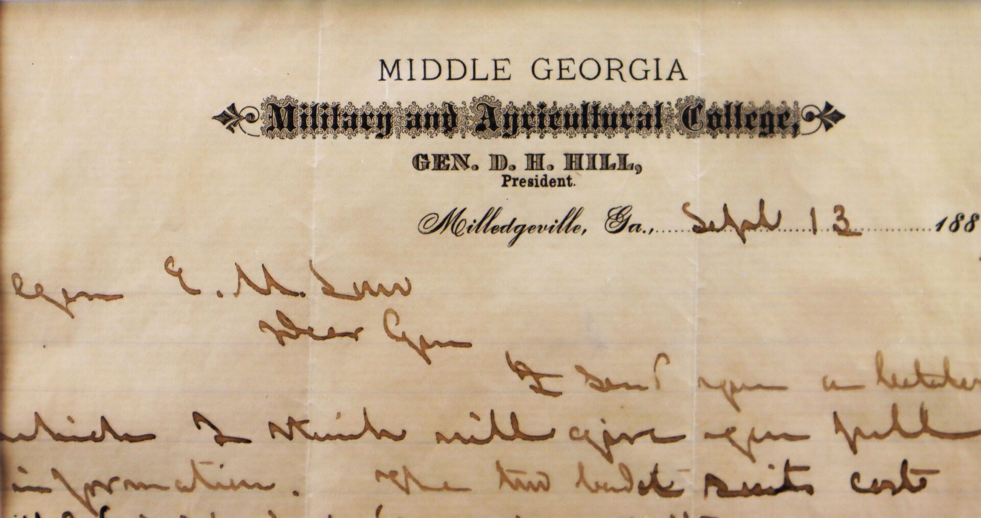 A letterhead dated September 13, 188_, from Middle Georgia Military and Agricultural College with handwritten text below, related to Confederate General D. H. Hill.