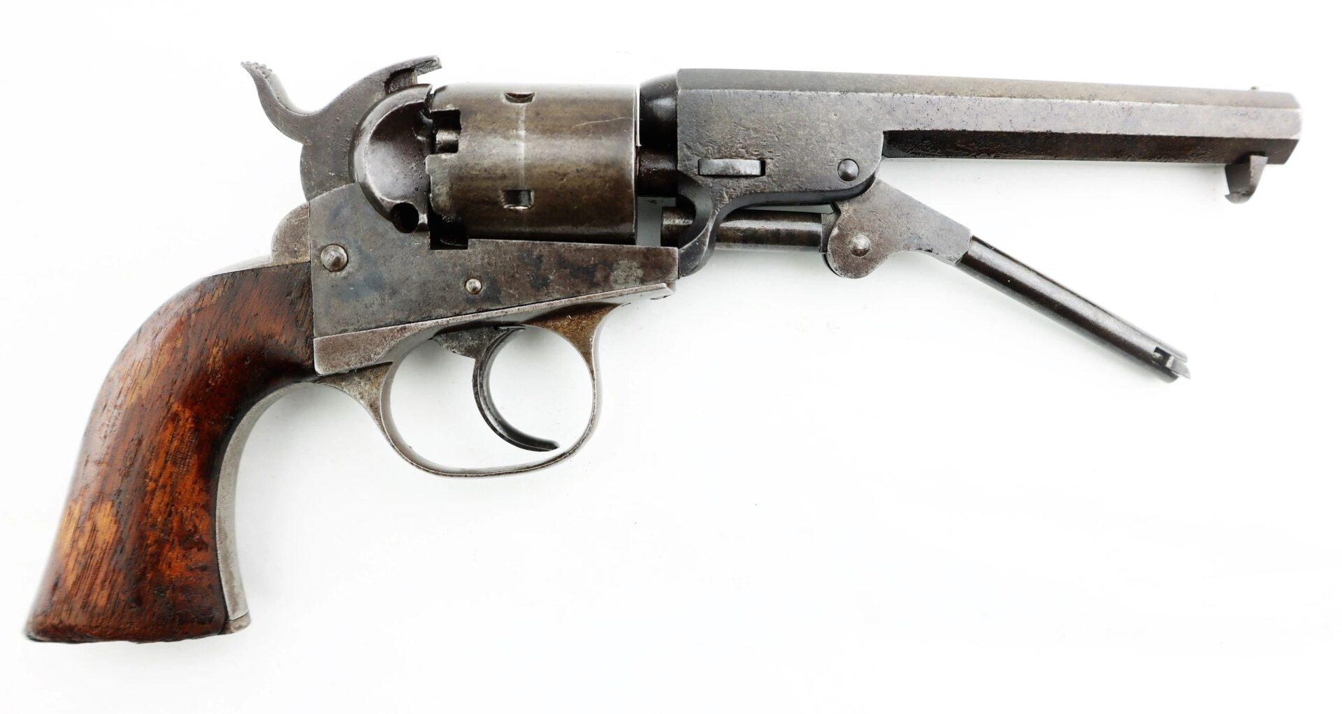A J. M. Cooper Pocket Model Revolver with a wooden grip and exposed loading lever, displayed against a white background.
