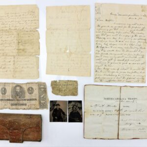 A collection featuring the wartime letters, wallet, tintypes, and death notification of J. A. Hicks, 47th North Carolina Infantry, mortally wounded at Gettysburg’s Pickett’s Charge on July 3, 1863, arranged on a white background.