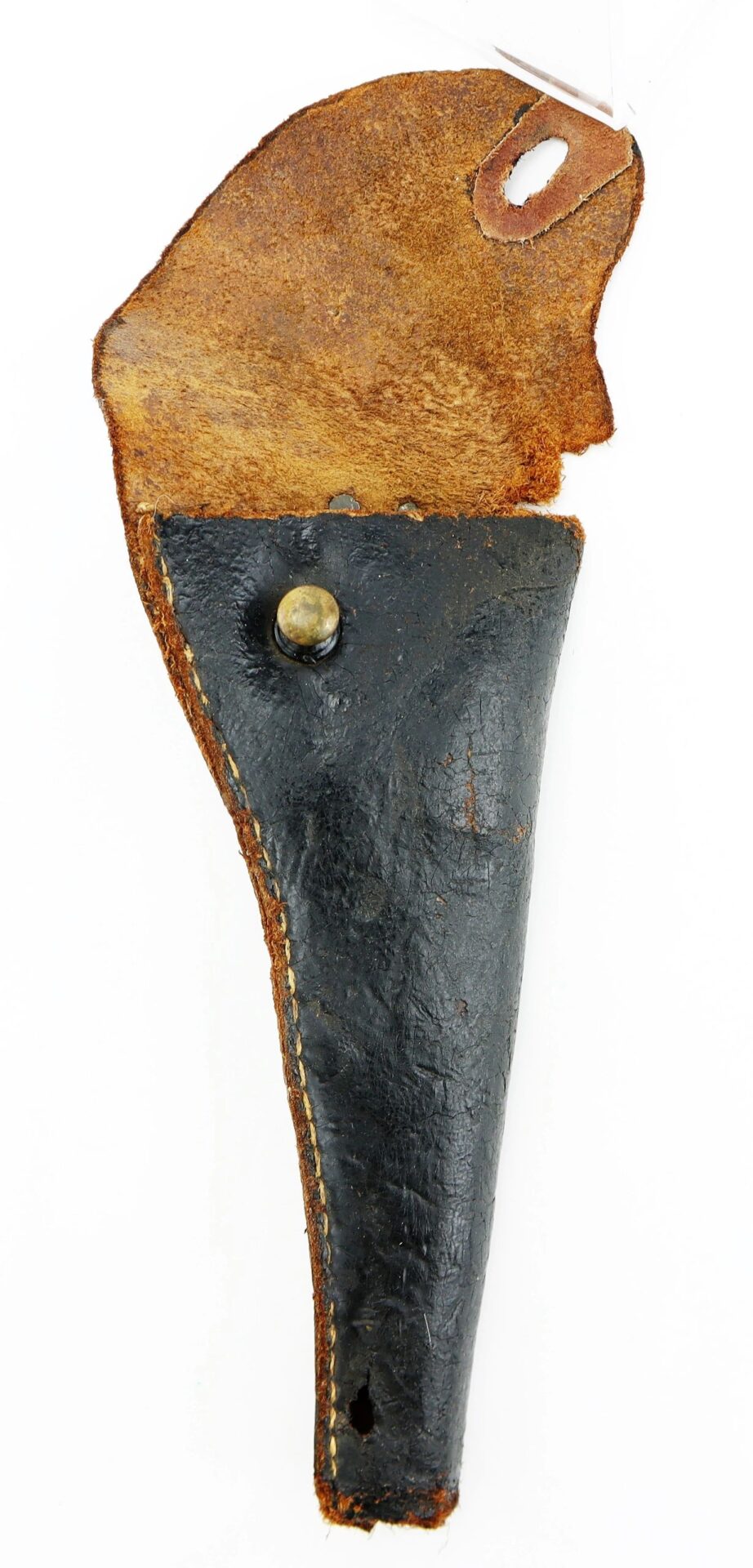 Confederate Holster: Worn black leather with a brown flap, metal snap closure, visible stitching, and signs of age and use.