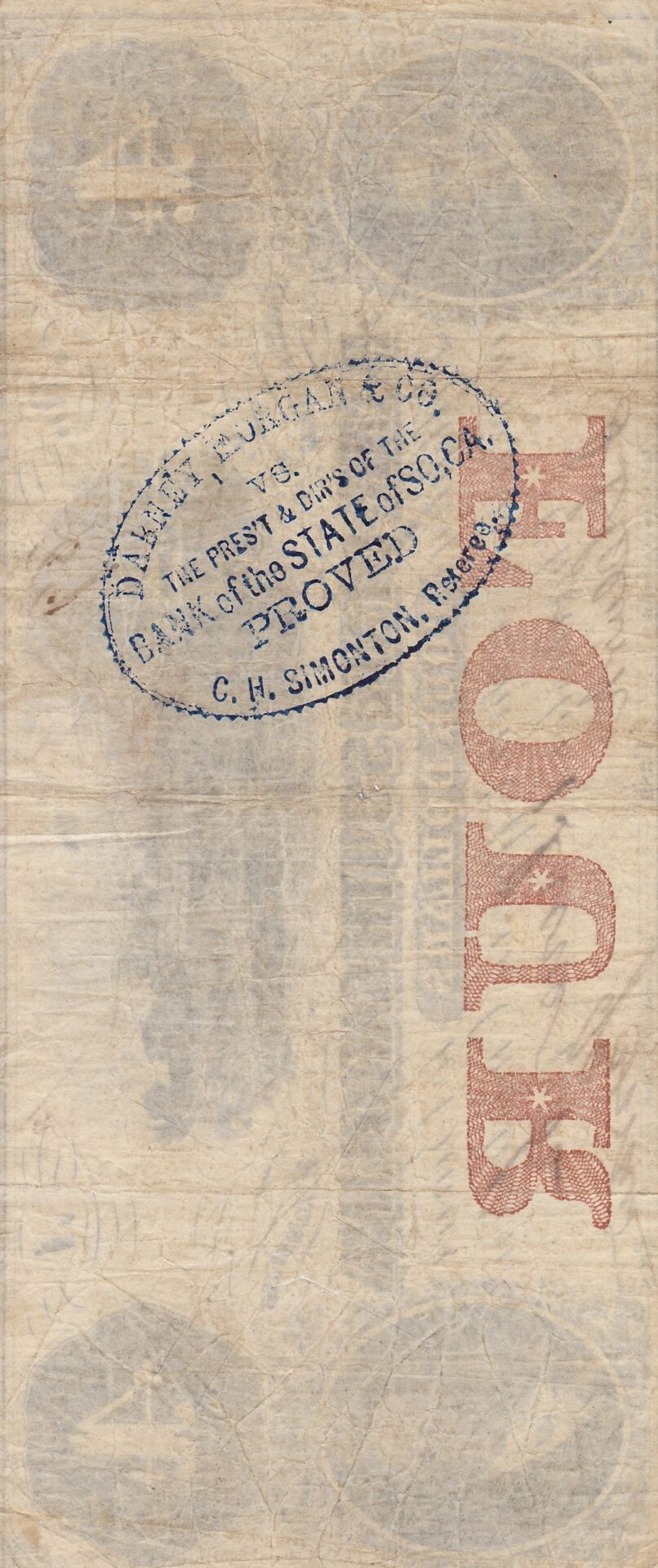 A worn reverse of The Bank of the State of South Carolina Four Dollar Note shows a large red "100" and a blue oval stamp reading "Bank of the State of Georgia, C. H. Shotton, Cashier.