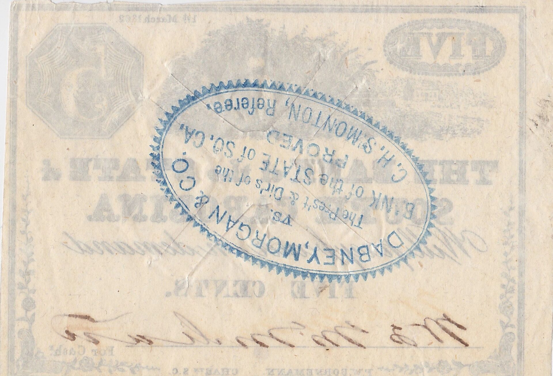 An oval blue stamp from "Dabney, Morgan & Co." overlaps faded printed text and a handwritten signature on The Bank of the State of South Carolina Five Cent Note.