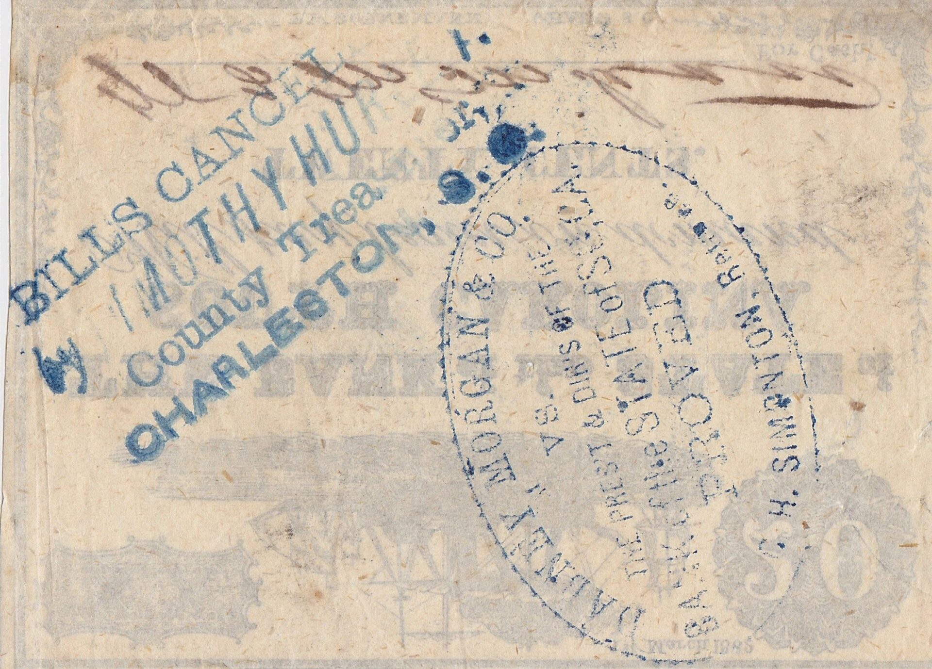 A worn Bank of the State of South Carolina Twenty Cent Note back stamped with blue and brown ink, featuring "BILLS CANCEL," "COUNTY TREAS CHARLESTON," and various official marks and signatures.