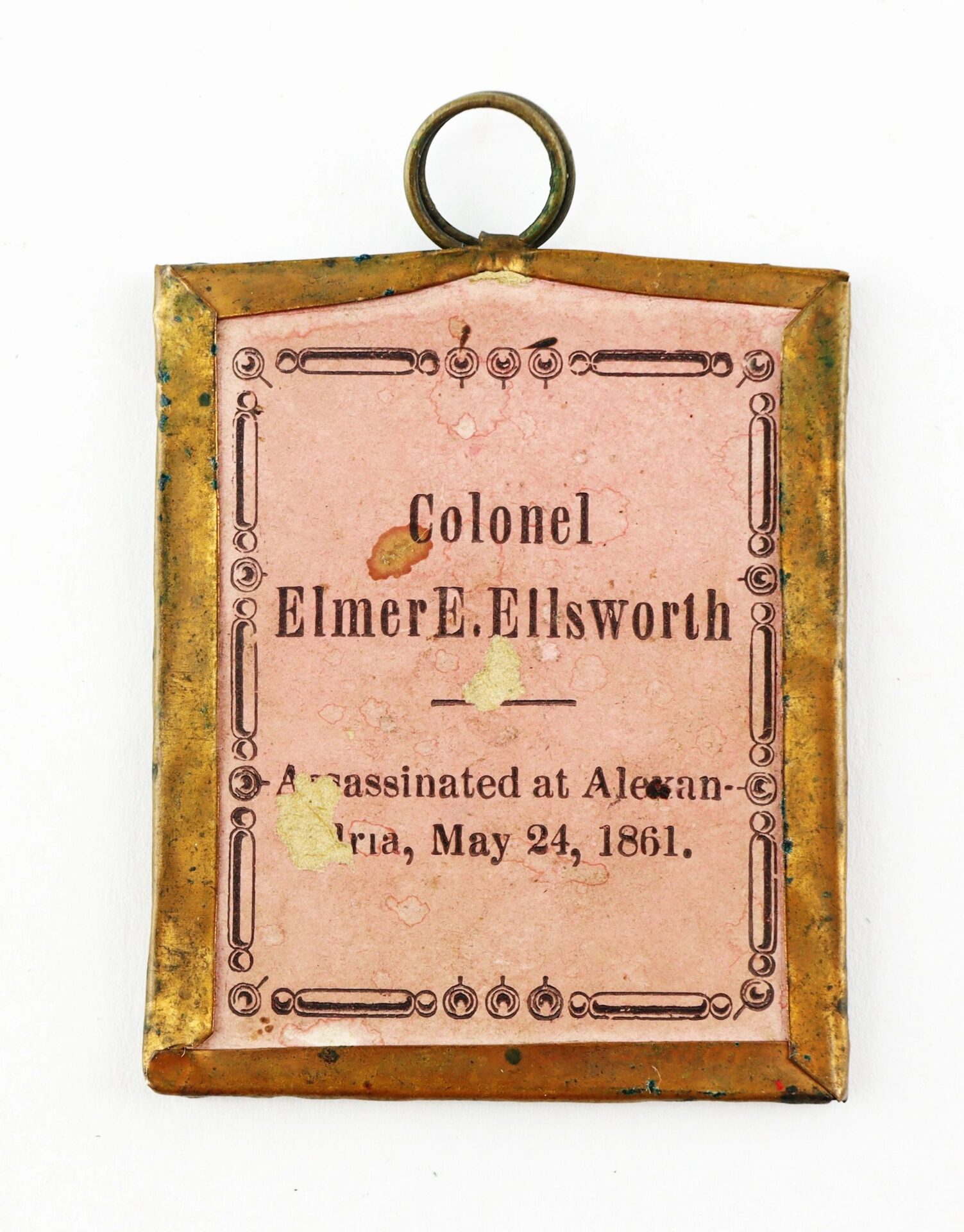 An Ellsworth Tintype framed with brass, inscribed: "Colonel Elmer E. Ellsworth. Assassinated at Alexandria, May 24, 1861.