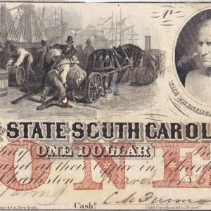 The Bank of the State of South Carolina One Dollar Note features images of a woman, ships, farmers, crops, and a man’s portrait.