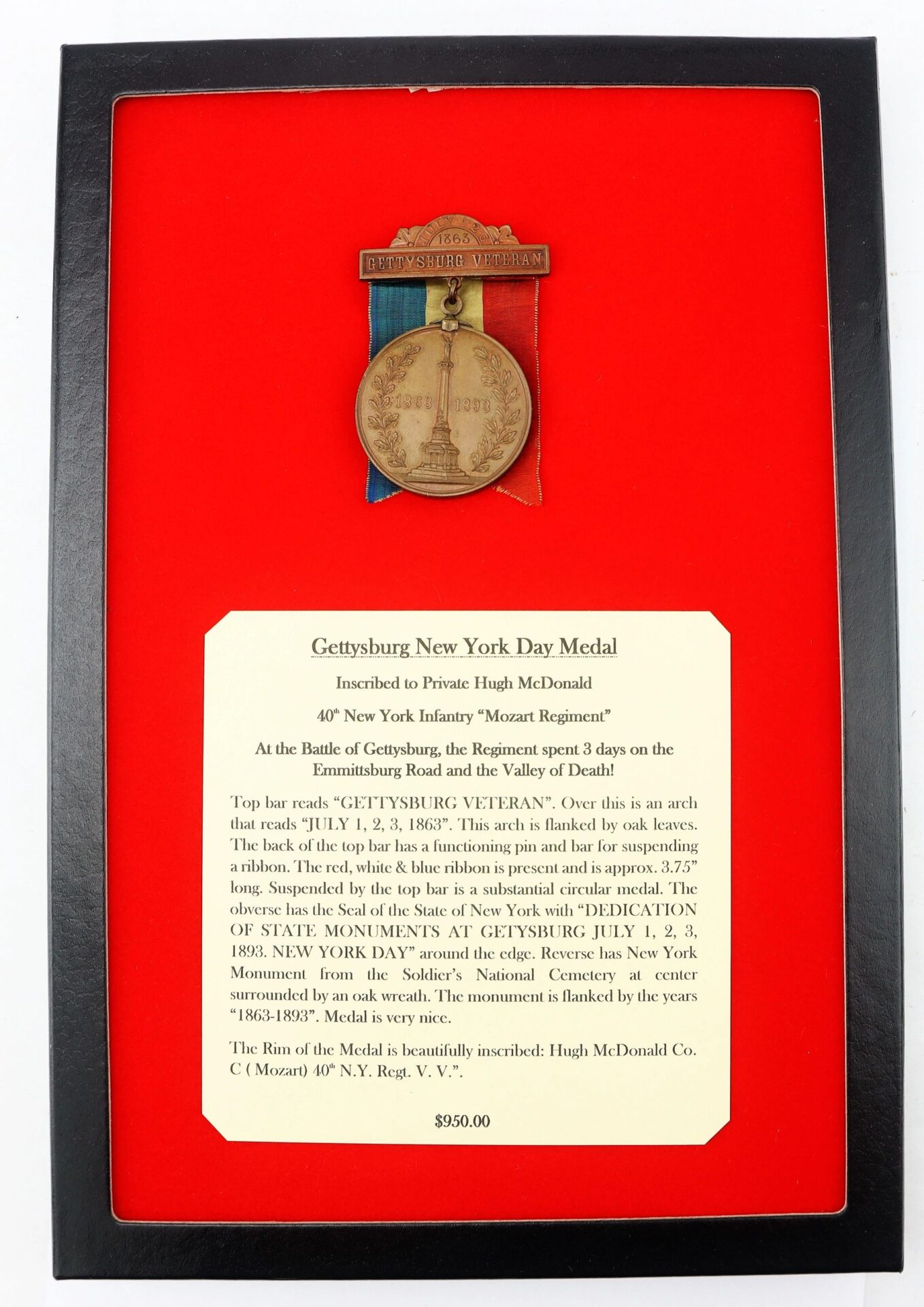 A framed display featuring the Gettysburg New York Day Medal inscribed to Private Hugh McDonald, 40th New York Infantry “Mozart Regiment,” with a commemorative ribbon and a description of its inscription and historical significance.
