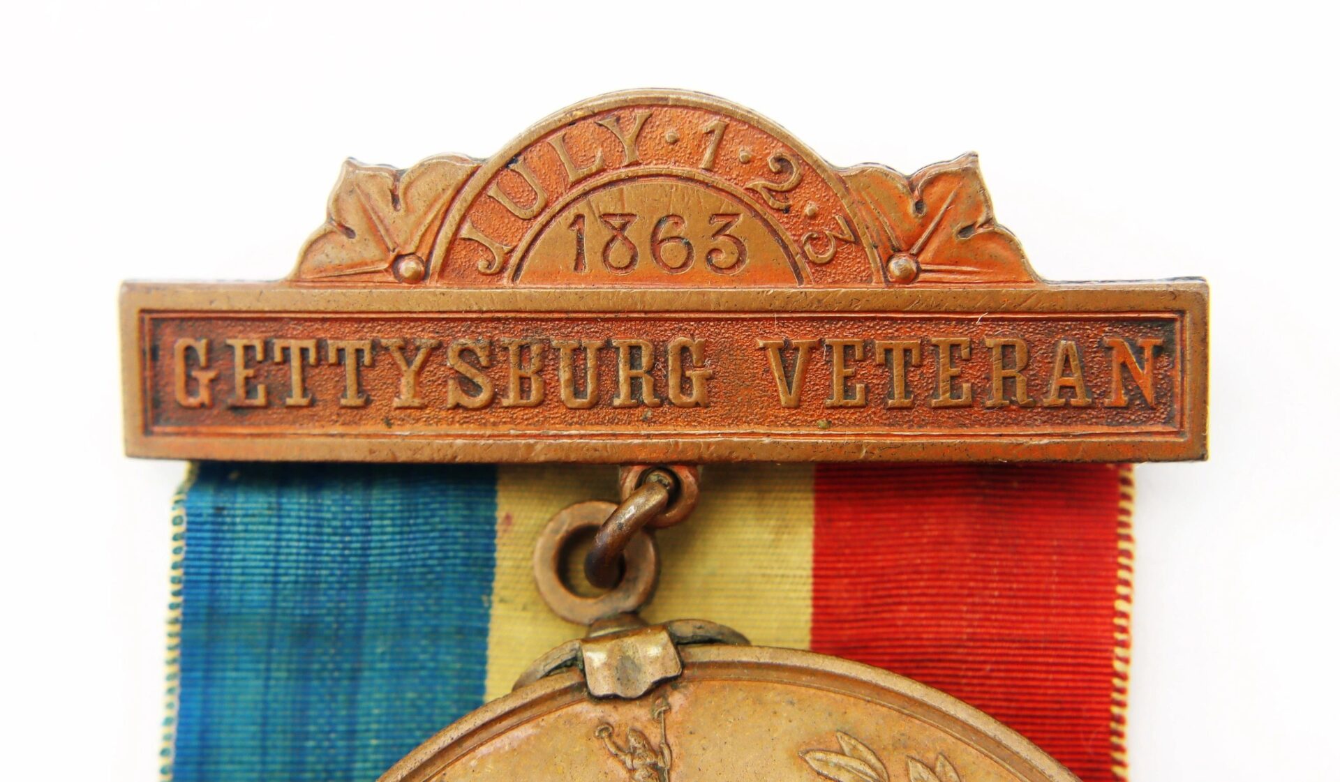 Gettysburg New York Day Medal inscribed to Private Hugh McDonald, 40th NY Infantry “Mozart Regiment,” features "JULY 1-2-3 1863" and "GETTYSBURG VETERAN," attached to a blue, white, and red vertically striped ribbon.