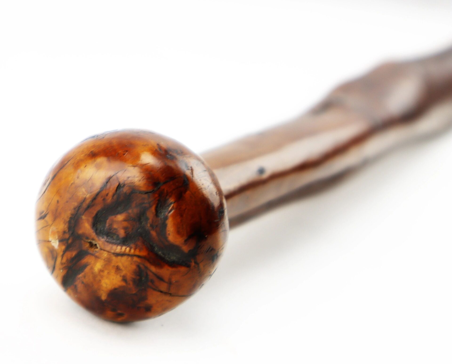 Close-up of the Cane Made of Wood from Georgia Swamp, featuring a rounded, polished handle and distinctive natural wood grain patterns.