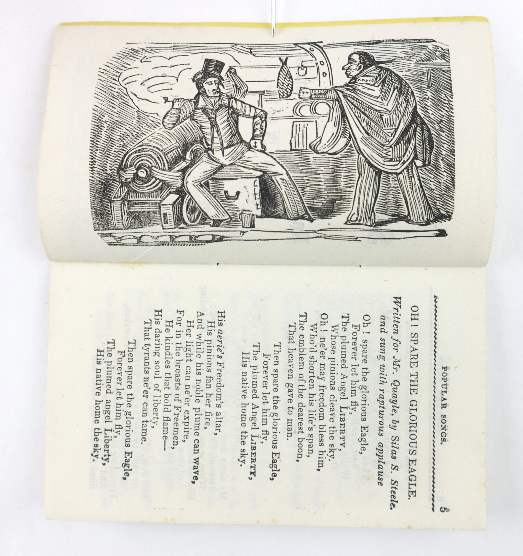 A black and white illustration above a poem titled "OH! SPARE THE GLORIOUS EAGLE" in The Bunker Hill Songster shows a man sitting beside an eagle as another robed man gestures toward him.