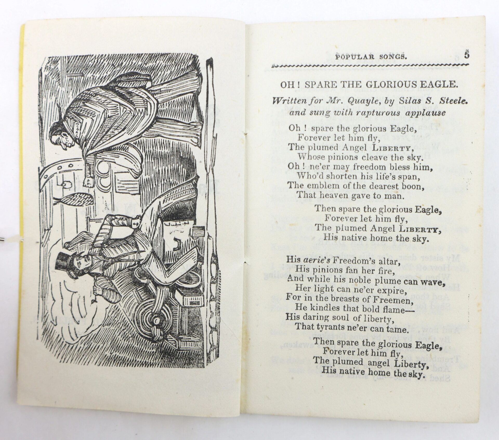 An open copy of The Bunker Hill Songster displays an illustration of a man lying in bed with a figure beside him, while the poem "OH! SPARE THE GLORIOUS EAGLE" appears on the facing page.