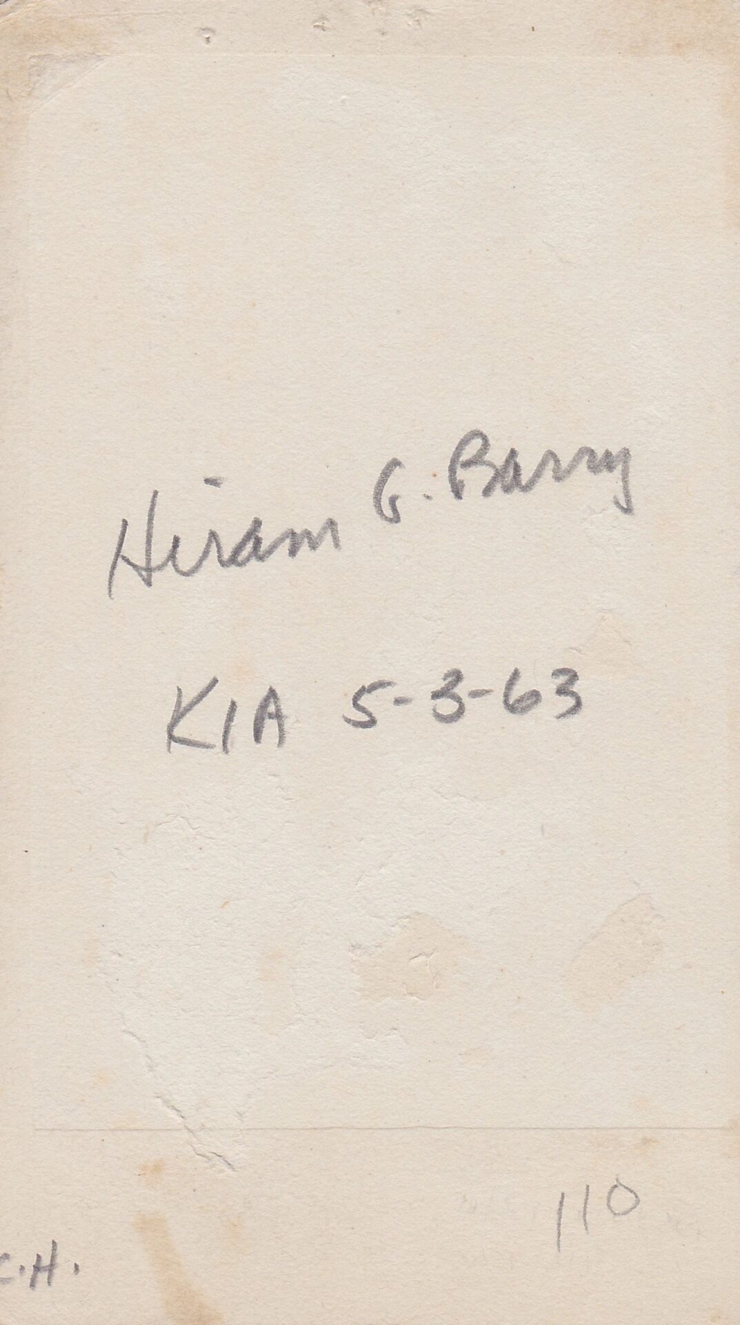 A faded, stained note reads: "Hiram G. Barry KIA 5-3-63," referring to Major General Hiram G. Berry who was killed while leading a bayonet charge.
