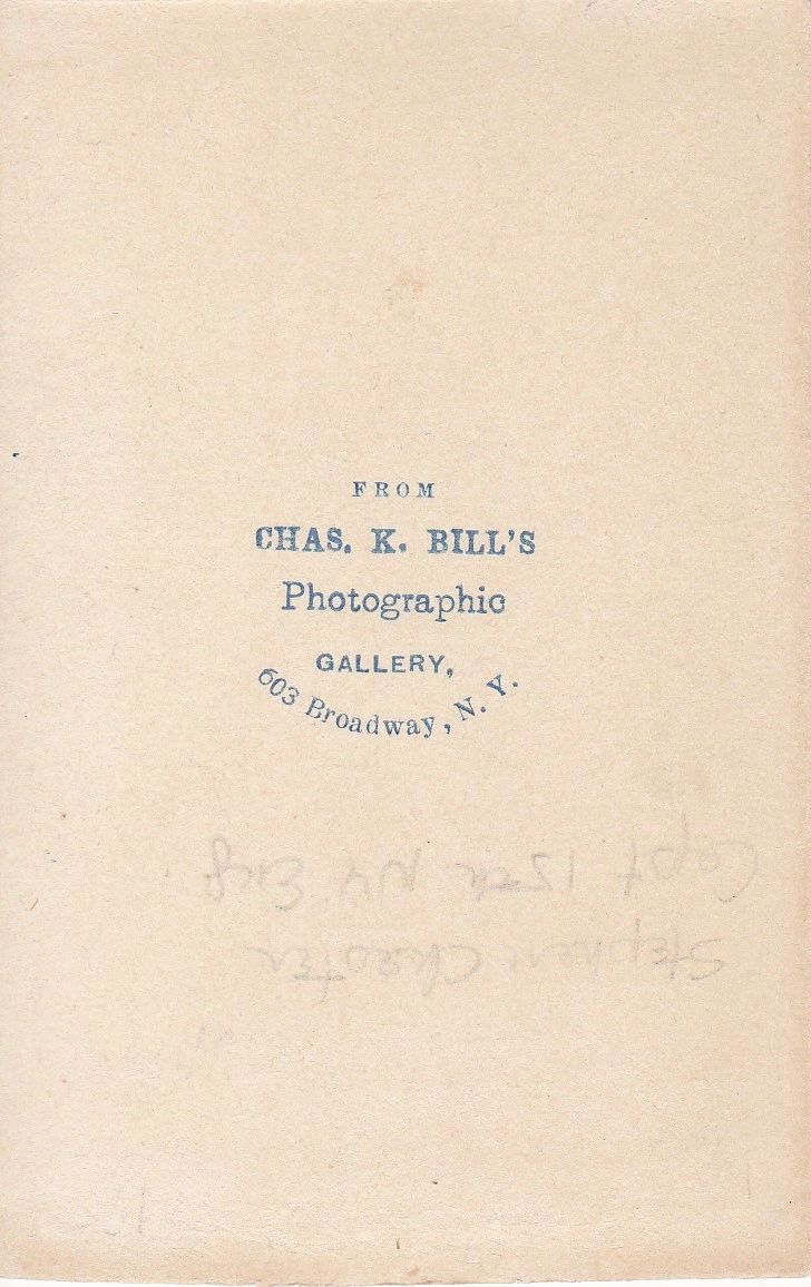 Beige card with blue text reading "Stephen Chester, 15th New York" in the center.
