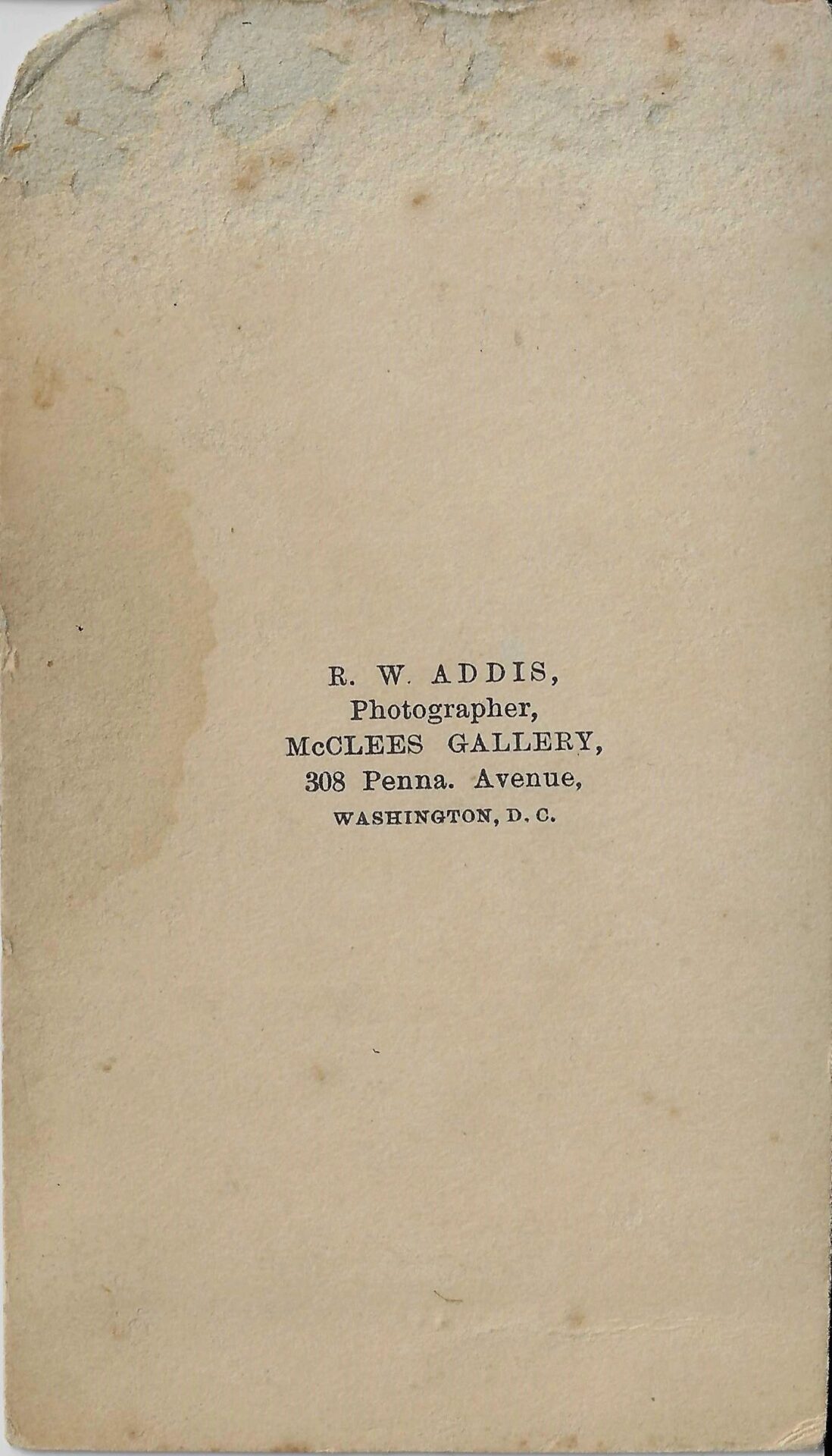 A worn CDV of General John Sedgewick with "R. W. Addis, Photographer, McClees Gallery, 308 Penn. Avenue, Washington, D.C." printed in black ink on beige paper.