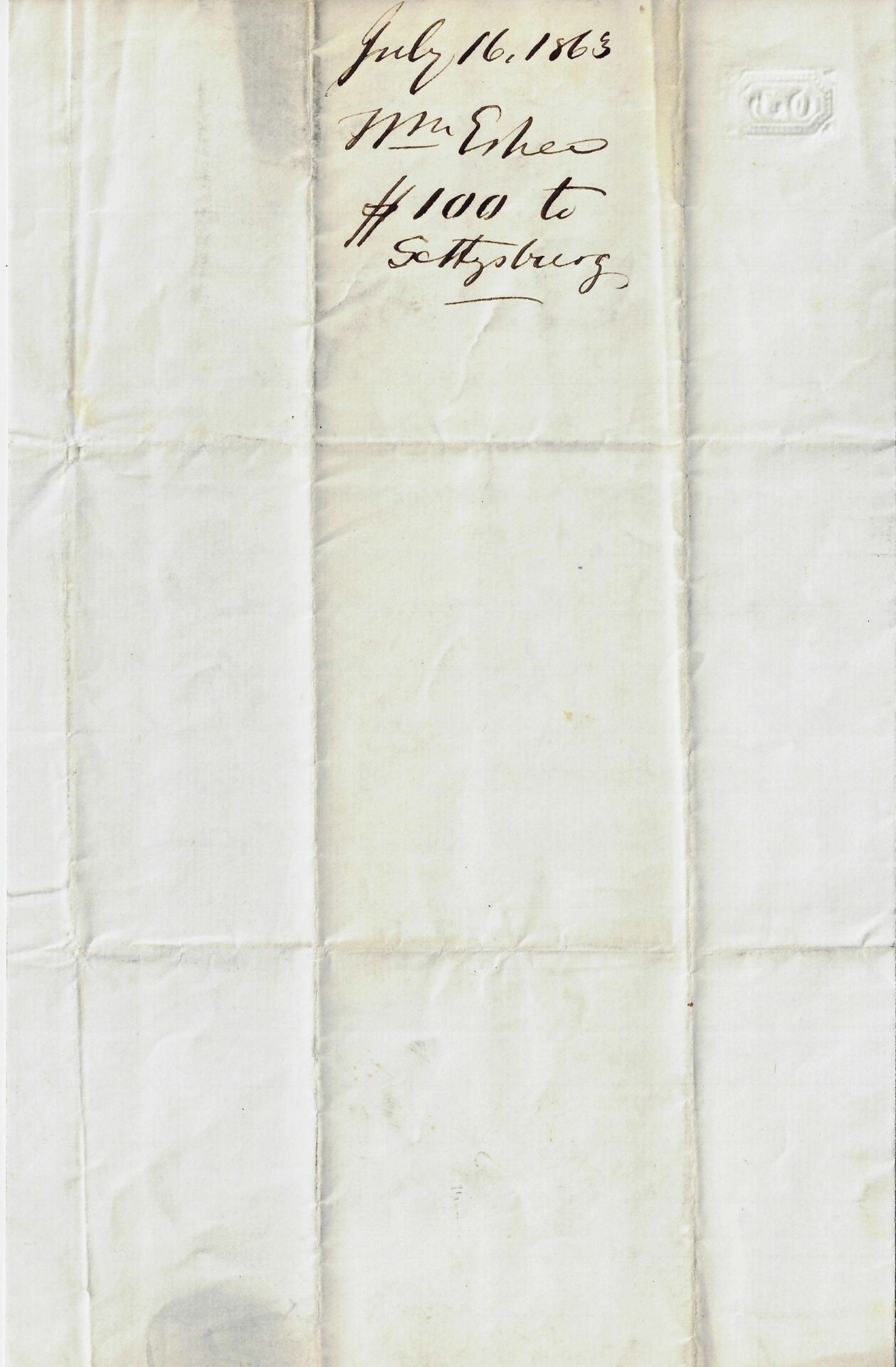 A July 16, 1863 handwritten letter to Reverend Edwin Hutter with Gettysburg content, on aged and creased paper.