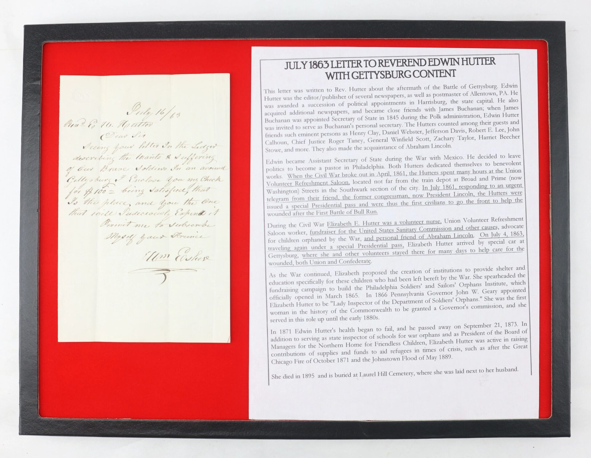A framed display features a handwritten July 1863 Letter to Reverend Edwin Hutter with Gettysburg Content on the left and a typed explanation on the right, both mounted on a red and black background.