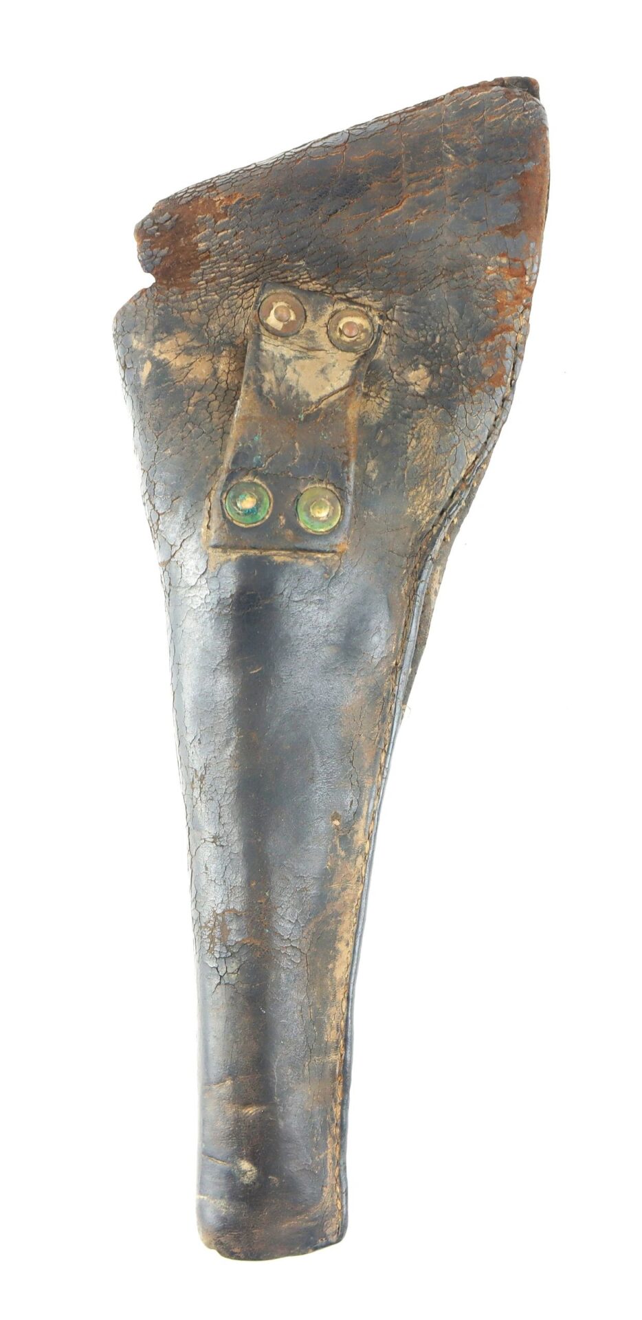 A vintage Confederate Holster made of dark, worn leather features visible metal rivets with evident signs of aging and cracking.