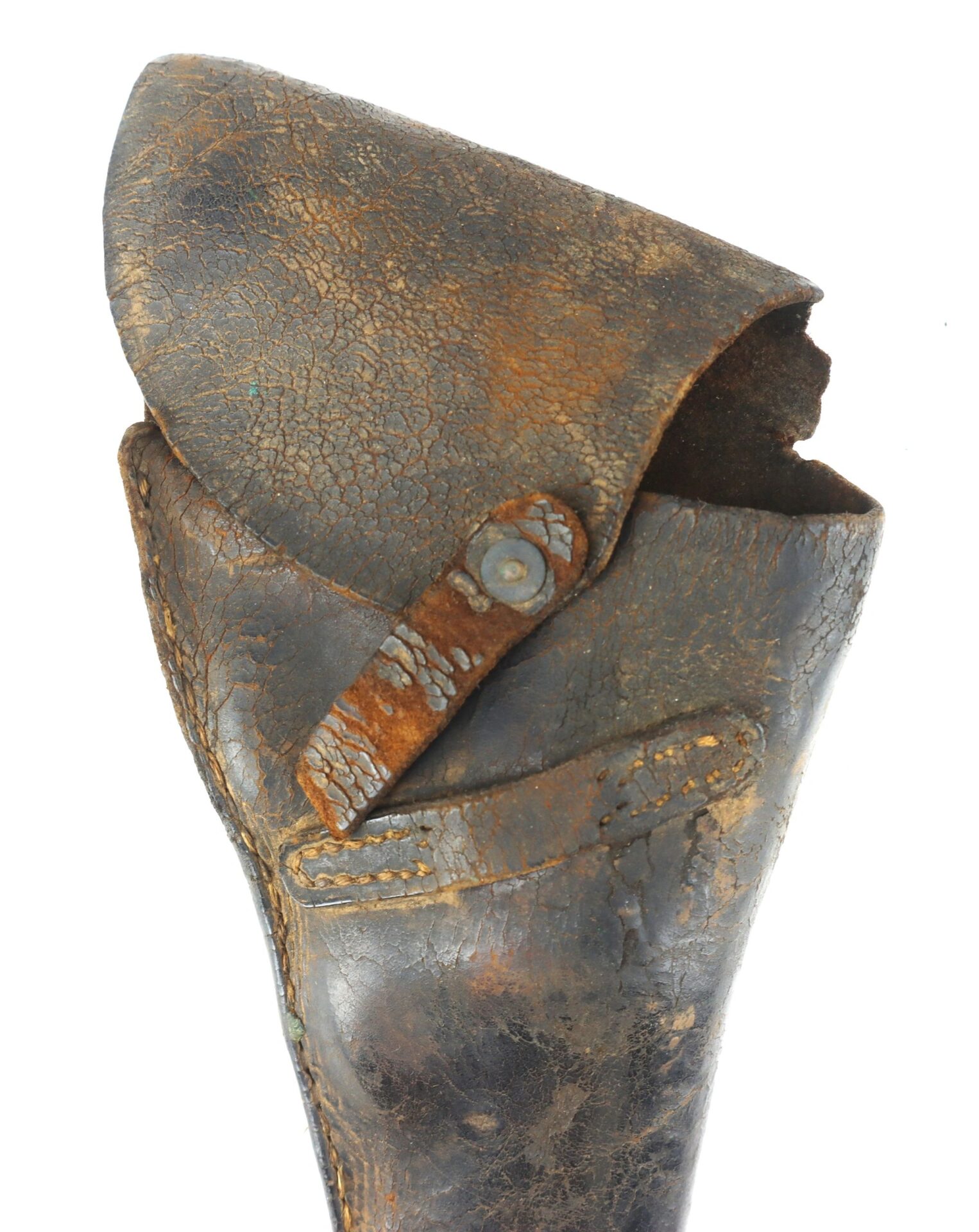 A weathered Confederate Holster made of brown leather, featuring a cracked surface and a flap fastened with a strap and metal button.