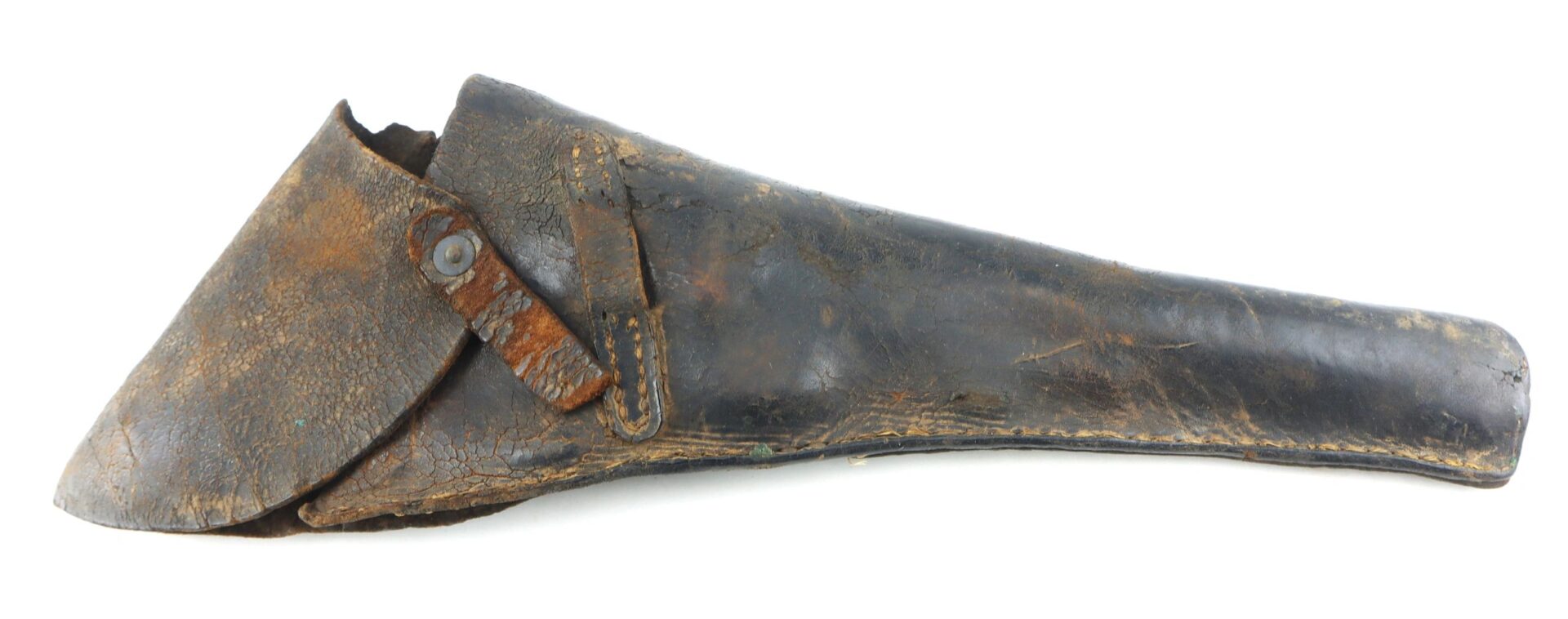 The Confederate Holster is a worn, dark leather holster with a flap secured by a strap and button, designed to hold a long-barreled firearm.
