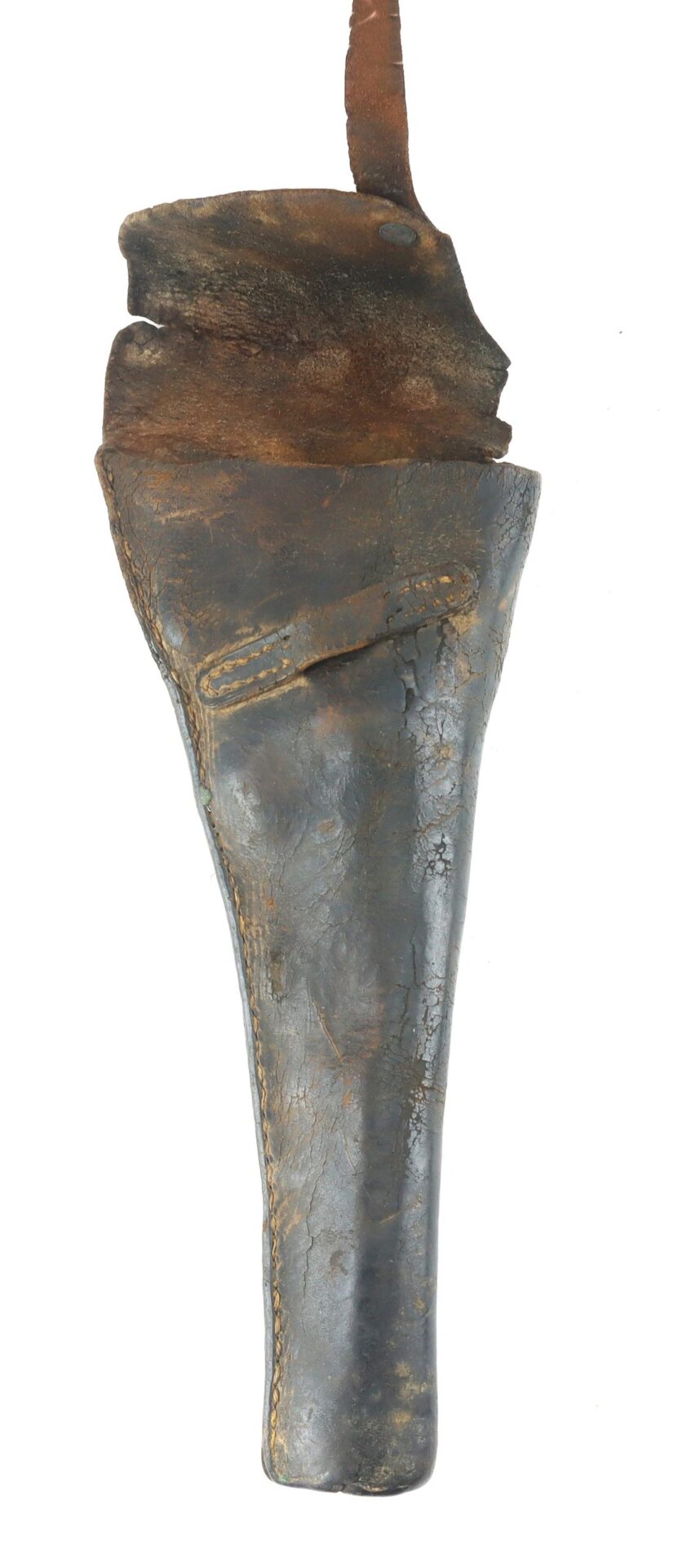 A worn, brown Confederate Holster with visible stitching and a folded flap at the top.
