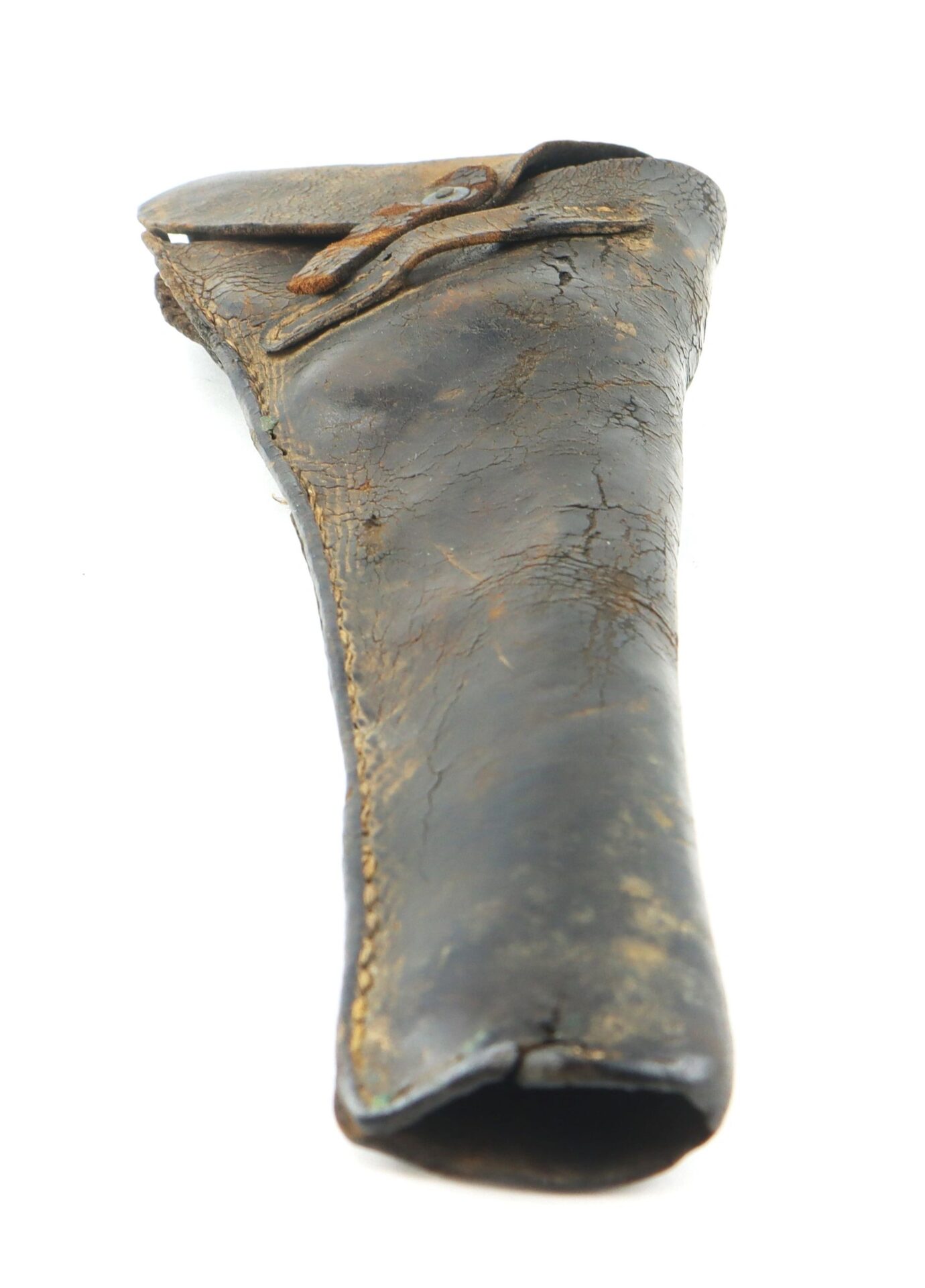 A worn Confederate Holster made of black leather with visible cracks and stitching, photographed against a white background.