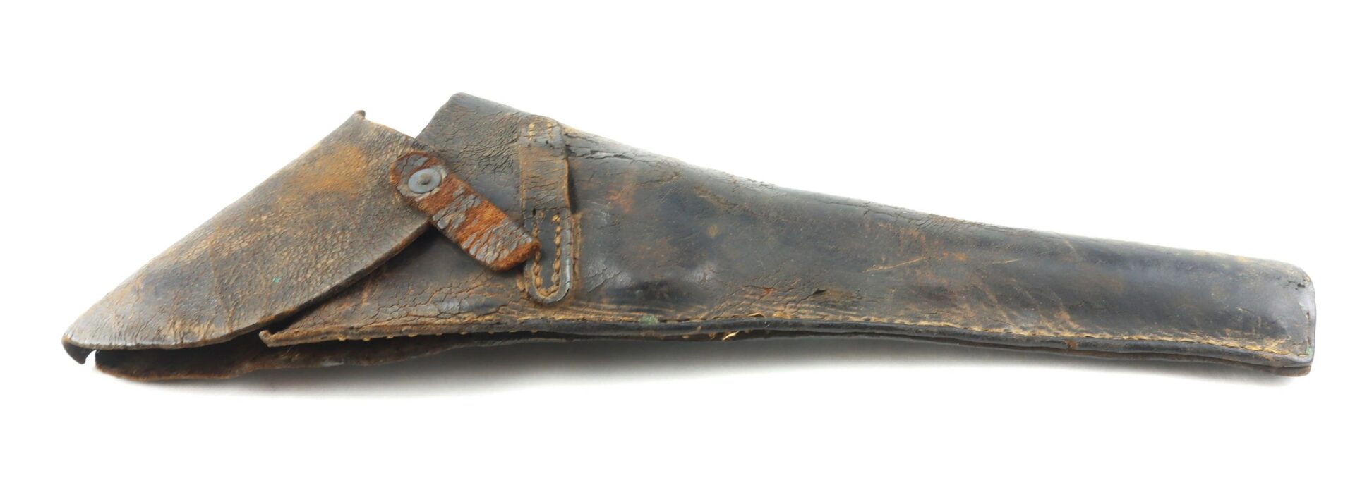 A vintage Confederate Holster featuring a flap and strap closure, with visible creases and signs of age.