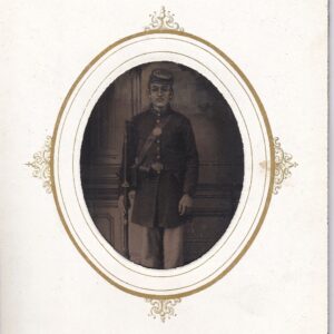 The Union Private Tintype Eighth Plate features a sepia portrait of a man in military uniform with a kepi, holding a rifle, framed by an ornate oval border on a white background.