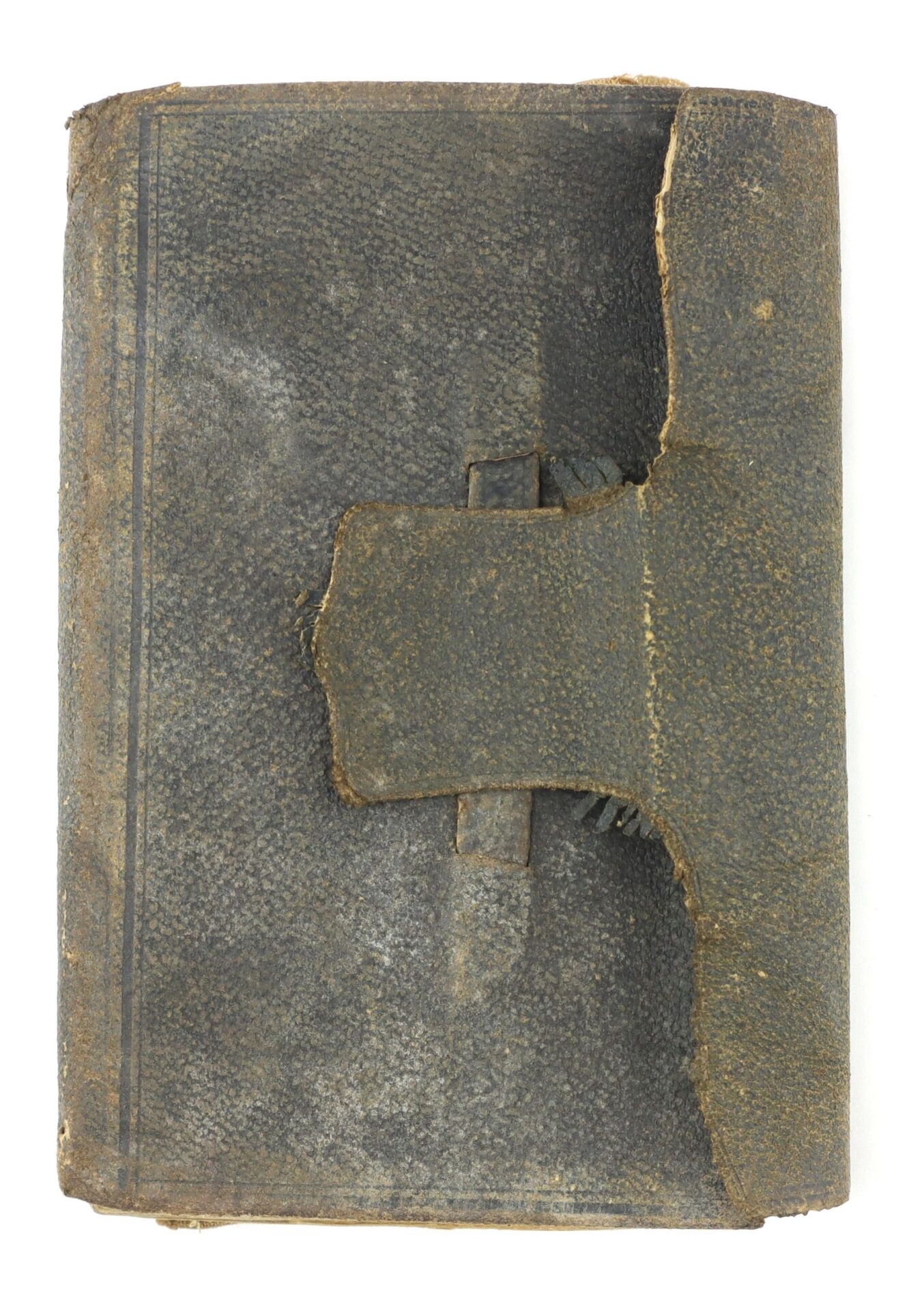 A worn Confederate Officer’s Ledger, Lieut. Tho. W. Martin – Co. H. 10th VA Cavalry – 4th Brigade, dated February 10th, 1863; leather-bound with a damaged, partially detached flap cover and visible edge wear. / SOLD.