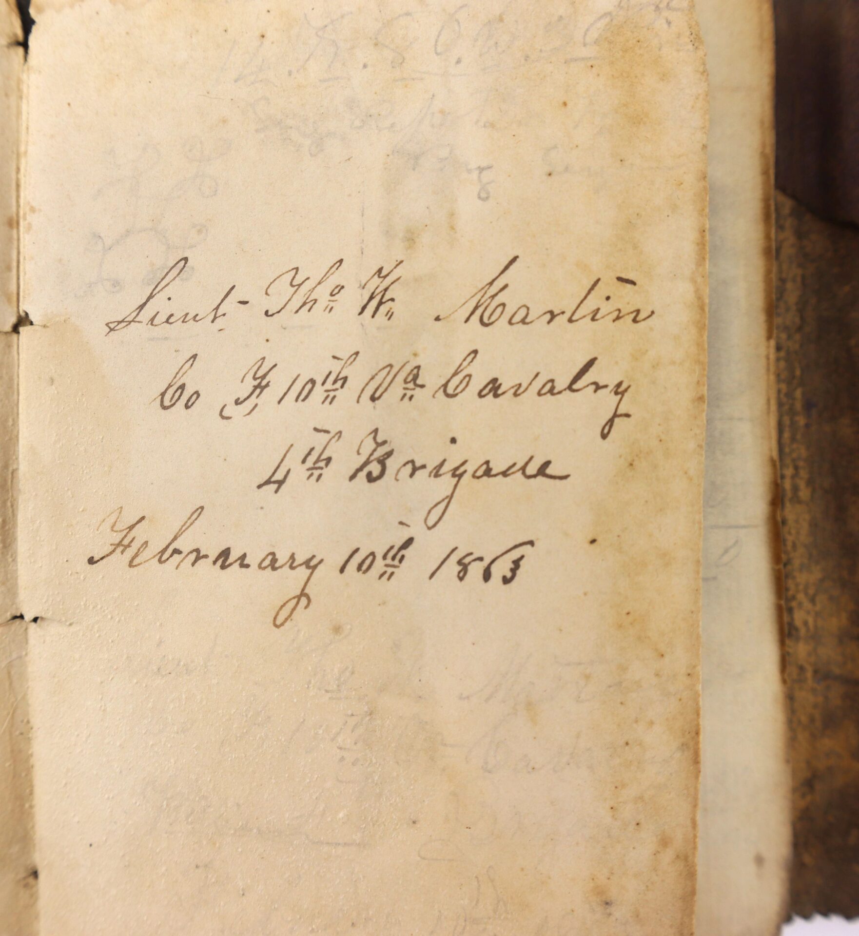 A handwritten note on an old, yellowed paper reads: "Confederate Officer’s Ledger Lieut. Tho. W. Martin – Co. H. 10th VA Cavalry – 4th Brigade February 10th 1863 / SOLD.