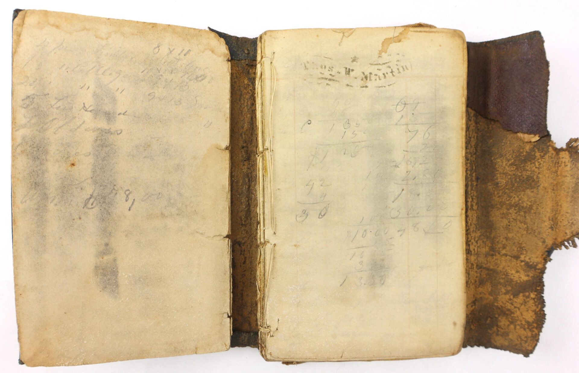 An aged, worn ledger titled “Confederate Officer’s Ledger Lieut. Tho. W. Martin – Co. H. 10th VA Cavalry – 4th Brigade February 10th 1863 / SOLD,” open to faded handwritten notes, sketches, and numerical calculations.