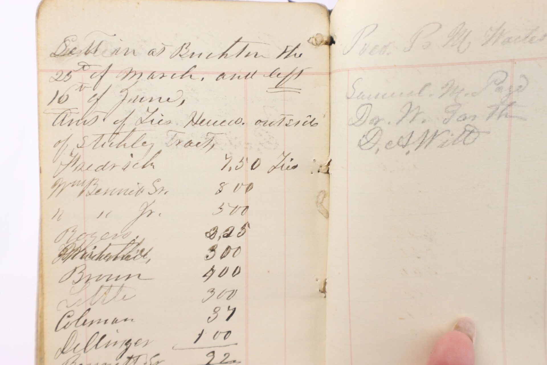 An open ledger titled "Confederate Officer’s Ledger Lieut. Tho. W. Martin – Co. H. 10th VA Cavalry – 4th Brigade February 10th 1863 / SOLD" shows handwritten names, amounts, and dates; a finger holds its lower right corner.