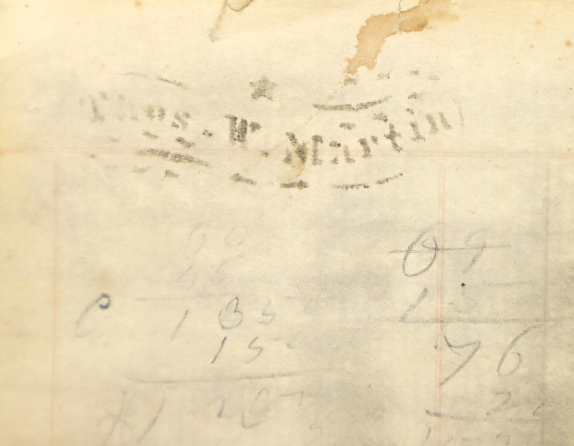 A faded stamp reading "Confederate Officer’s Ledger Lieut. Tho. W. Martin – Co. H. 10th VA Cavalry – 4th Brigade February 10th 1863 / SOLD" is visible above faint handwritten numbers on aged, stained paper.
