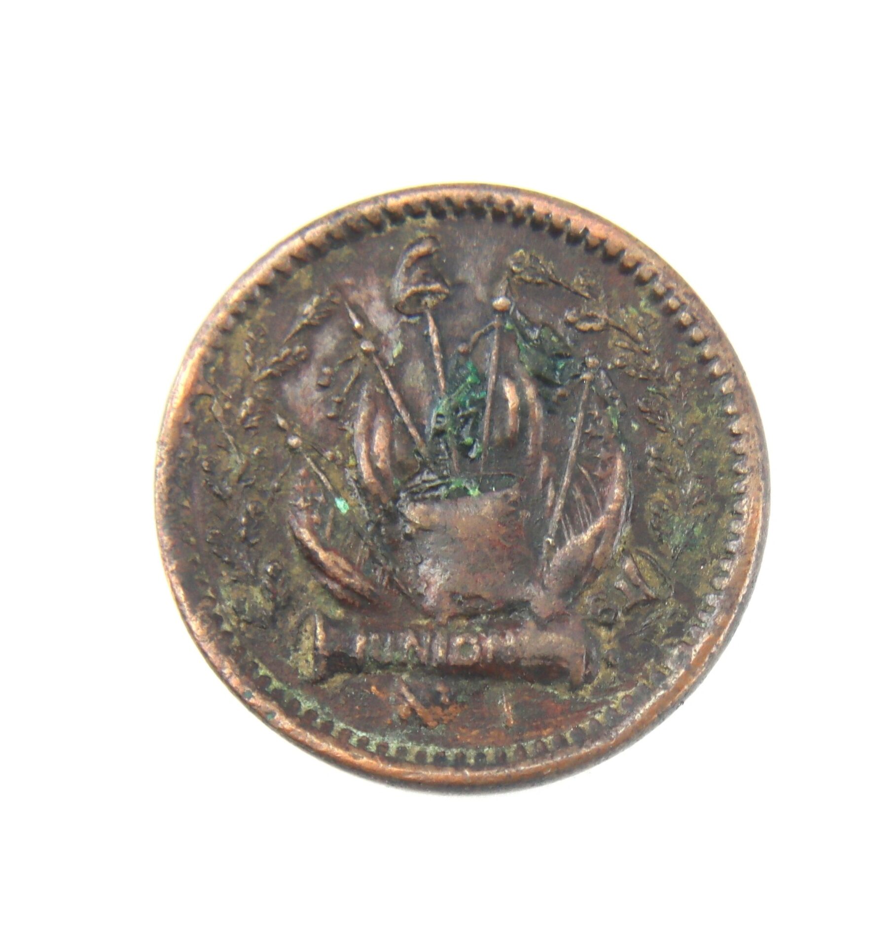 A close-up of a Civil War Patriotic Token shows a crest with flags, weapons, and a banner inscribed "LIBERTAD" on its reverse side.