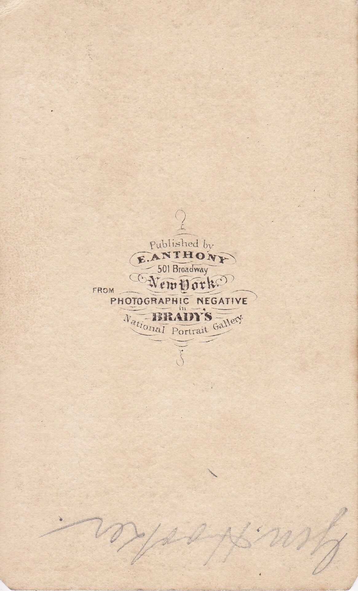 Back of a vintage photograph of Major General Joseph Hooker, featuring the publisher’s stamp: "E. Anthony, 501 Broadway, New York, Photographic Negative, Brady's National Portrait Gallery," with faint handwriting below.