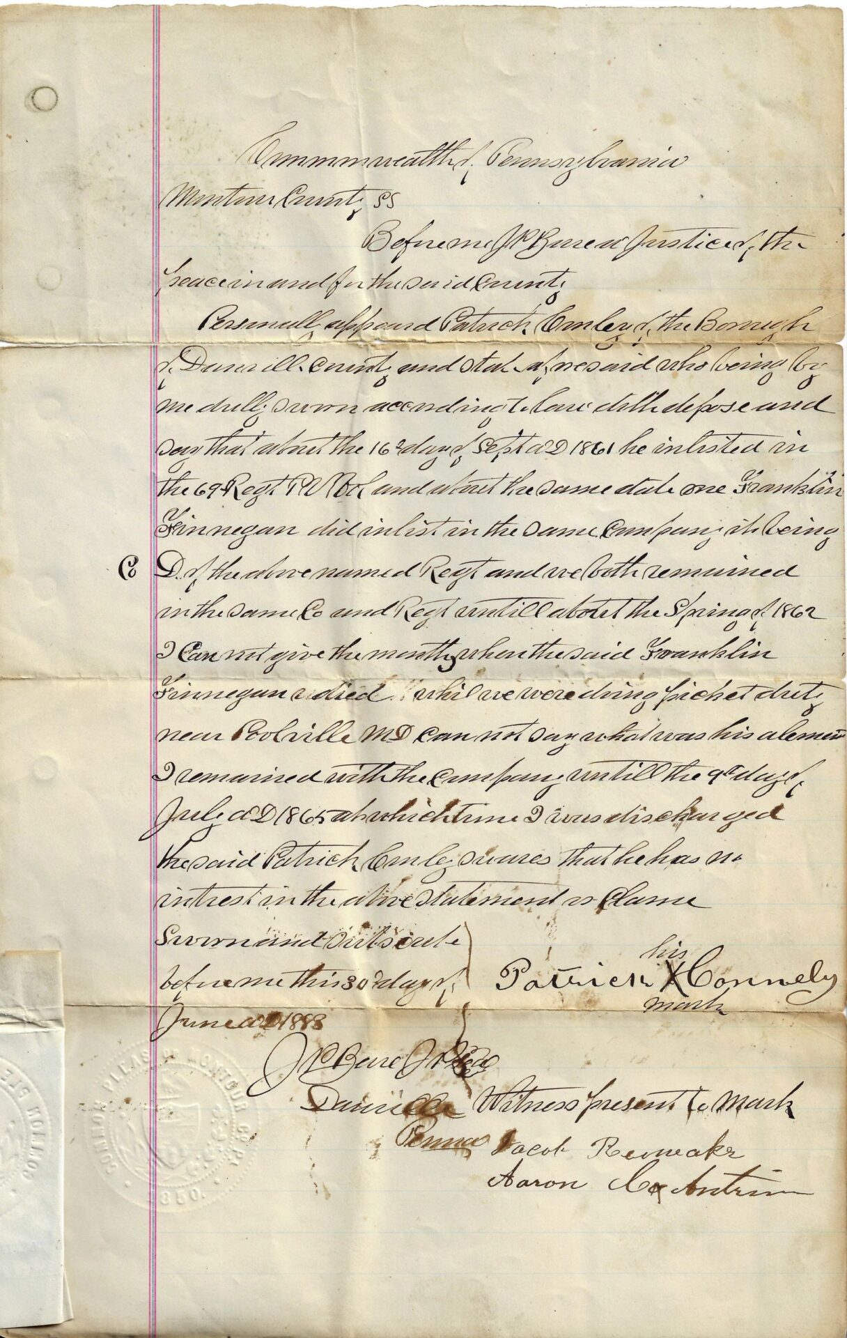 A handwritten 1866 court order from Pennsylvania, featuring official seals and signatures, related to the Great 69th Pennsylvania Irish Brigade.