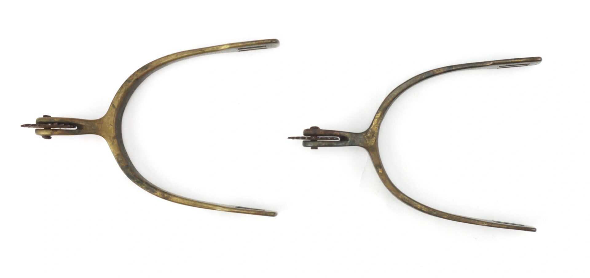 A pair of Civil War Spurs with rowels is displayed side by side on a white background, with the points facing outward.