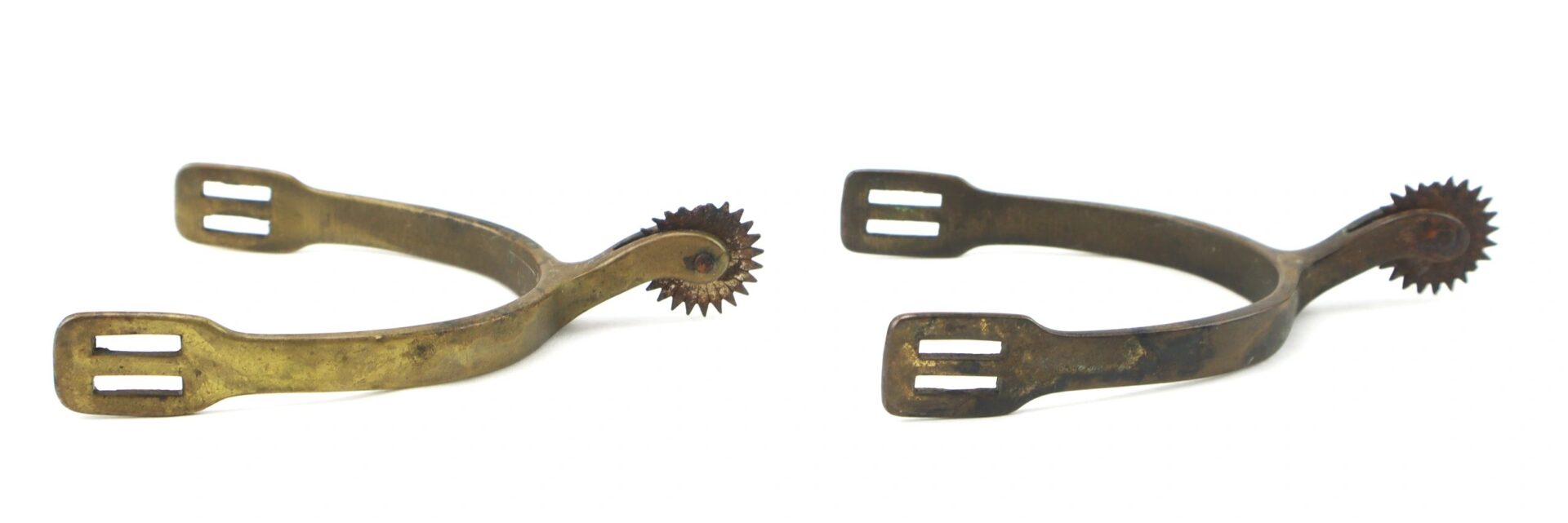 A pair of Civil War Spurs with rowels, displayed side by side on a white background.