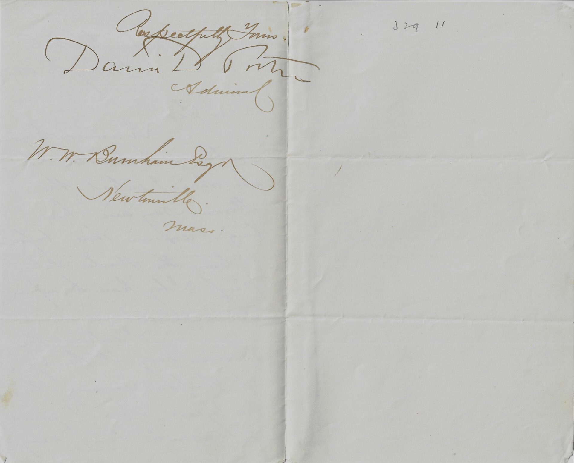 David D. Porter, Union Admiral, 1882 Letter: A handwritten letter on white paper with signatures, addressed to W. T. Bonham Esq., Newtonville, Mass.