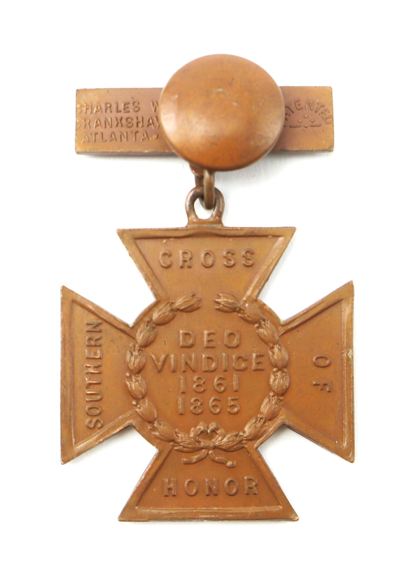 A bronze Southern Cross of Honor medal inscribed "Deo Vindice 1861 1865," awarded to Capt. J.A.W. Thomas, Twice Wounded Confederate Officer, Co. F, 21st South Carolina Infantry.