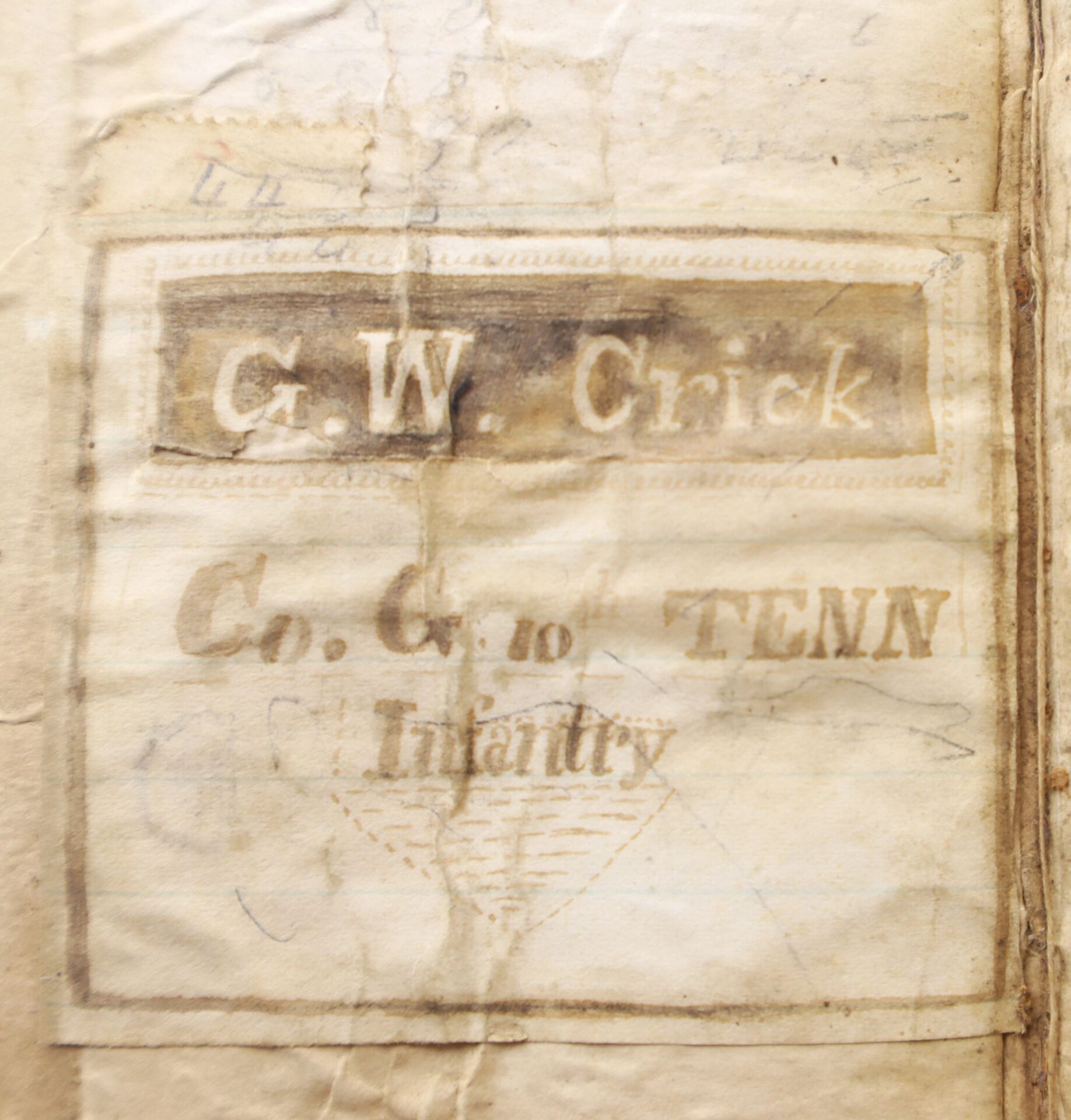 A faded label on yellowed paper with creases reads "G.W. Chick Co. G. 10 TENN Infantry," likely from the 10th Tennessee Volunteer Infantry (Union) Grouping.