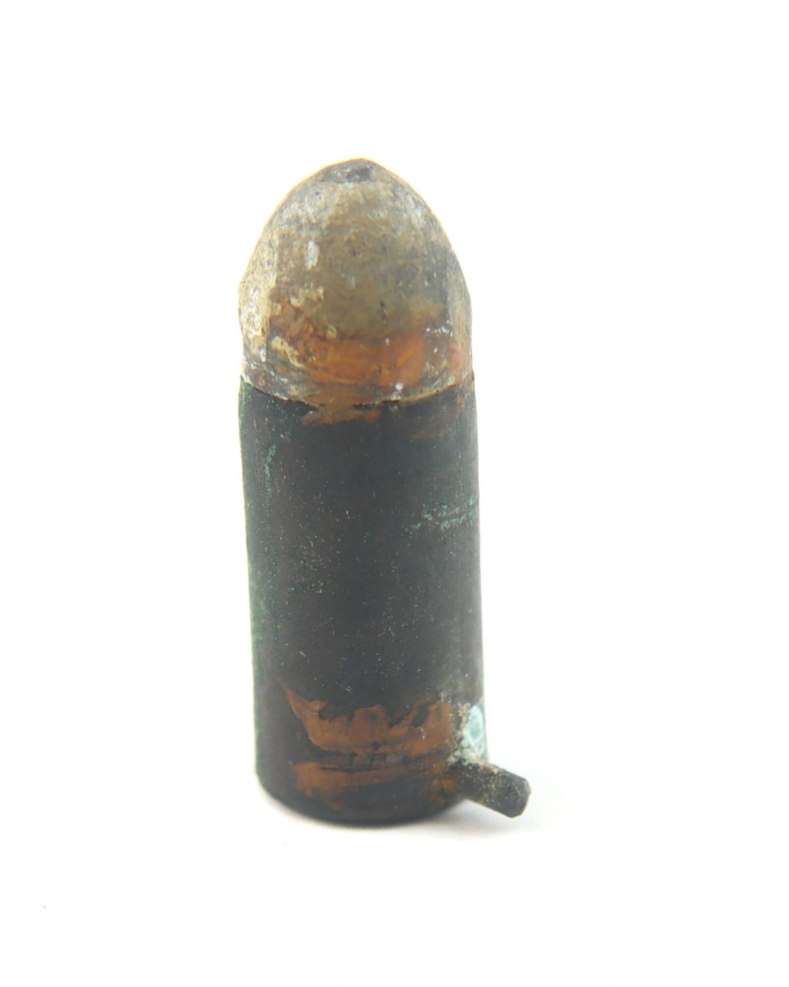 A close-up view of a weathered Confederate Lafanceaux 12M/M French Pin Fire Cartridge with a rounded tip and corrosion, isolated on a white background.