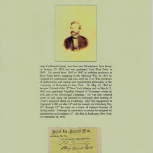 A sepia-toned portrait of Isaac Ferdinand Quinby appears above a brief biography highlighting his life, military service, and academic career, with an image of his official business card displayed at the bottom.