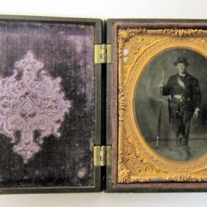 A 2nd Infantry Regiment Company "I" sixth plate tintype features an antique photo case with velvet lining on the left and a framed black-and-white portrait of a uniformed man holding a rifle on the right.