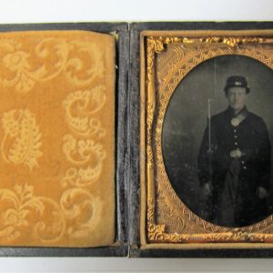 A sixth plate tintype titled "Soldier with Model 1816 Musket" shows a man in military uniform, likely from the 19th century, housed in an ornate case with decorative fabric lining on the left side.