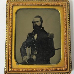 Dashing Union Captain Ambrotype Sixth Plate: Antique photo of a bearded man in military uniform with epaulets and sword, displayed in an ornate gold case.