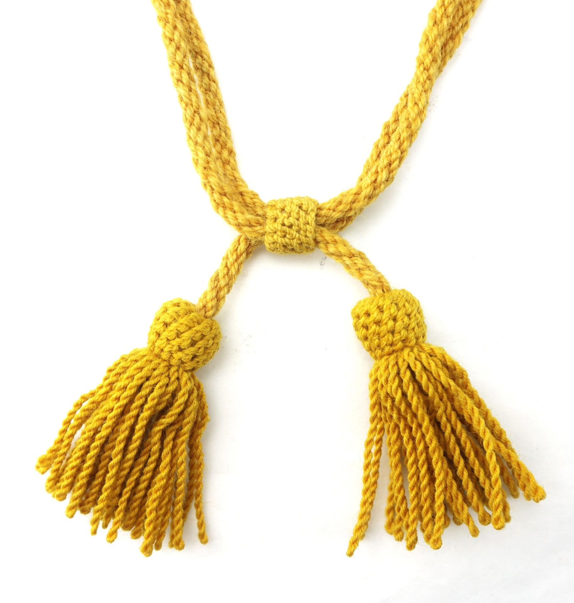 The Cavalry Hardee Hat Cord, shown against a white background, features a yellow braided design with two knotted tassels at each end.