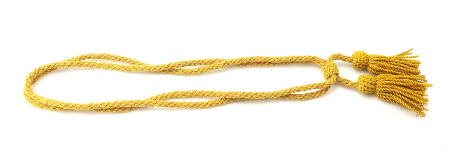 A Cavalry Hardee Hat Cord, featuring a twisted yellow design with two tassels at one end, is displayed on a white background.