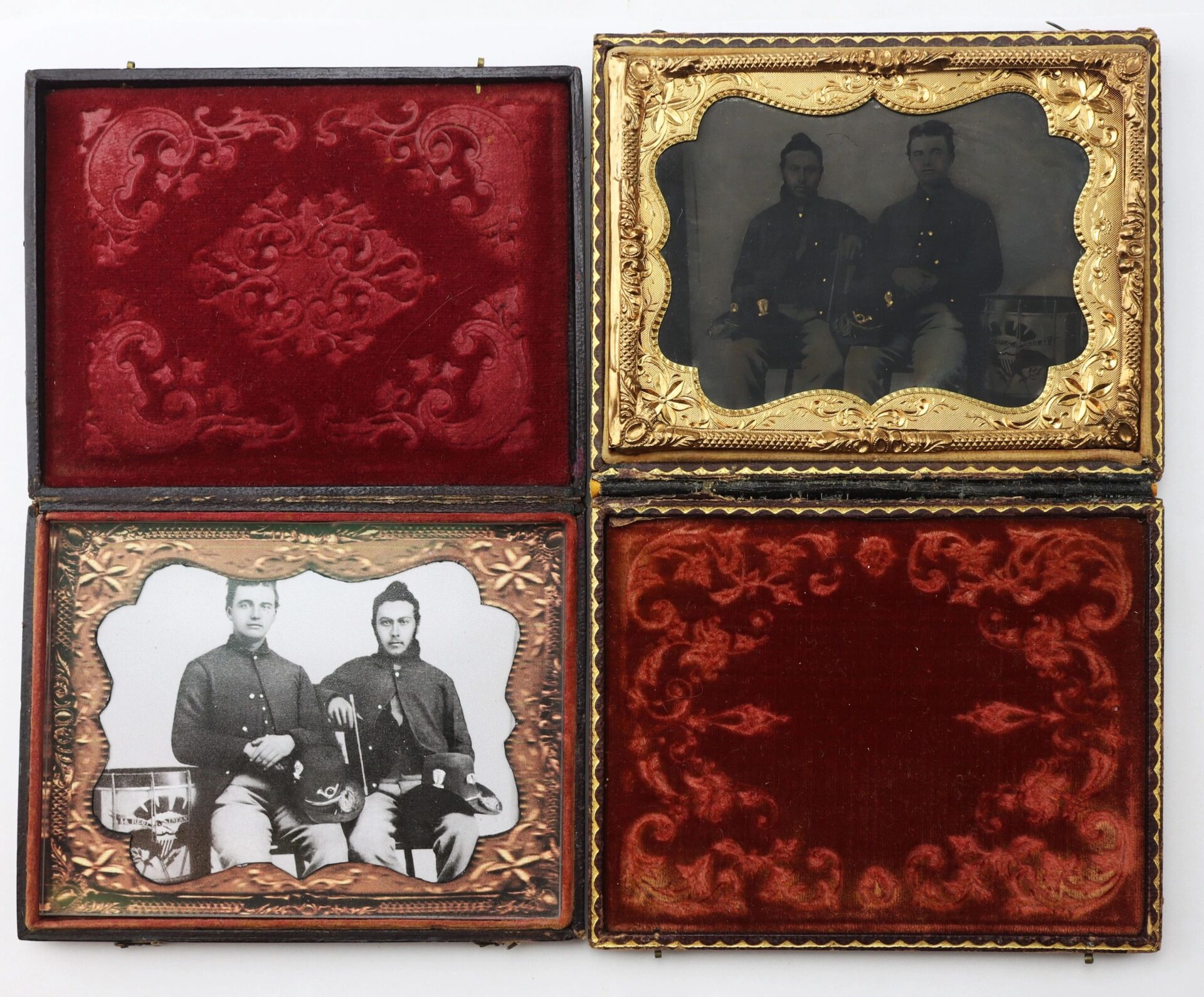 A 1/4 plate tintype shows two Union musicians in Hardee hats posing for a portrait; the image is presented in an ornate gold-trimmed case with a red velvet interior.