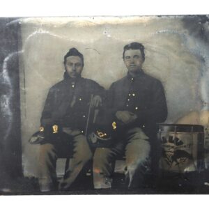 The 1/4 Plate Tintype shows two Union musicians in Hardee hats sitting side by side with a drum beside them. The image has a worn, aged appearance.