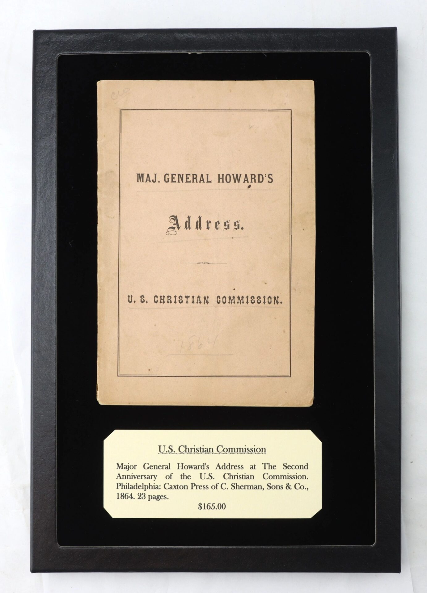 A framed pamphlet titled "U.S. Christian Commission" includes a label with publication details and is priced at $165.00.